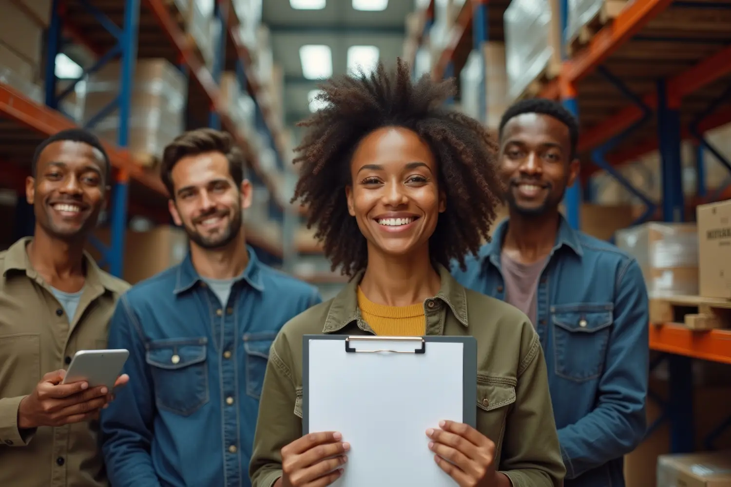Jobway Germany - Internationale Rekrutierung von Fachkräften - Porträt einer glücklichen afroamerikanischen Gruppe in einem Lagerhaus mit Checkliste für Logistik und Vertrieb